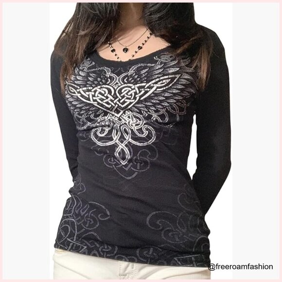 Tops - Long Sleeve V Neck Crop Top Slim Fit Y2K Grunge T-Shirt Rhinestone